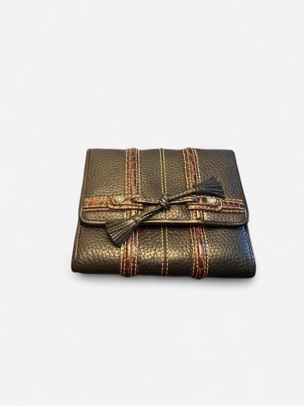 Brighton Black Pebbled Leather Brown Croc Tassel folding wallet
